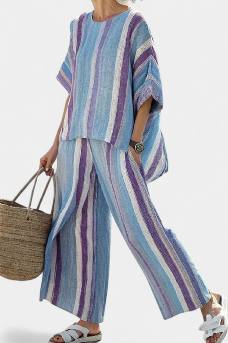 Ginevra — Elegant Pastel Mauve Top & Striped Linen Trousers